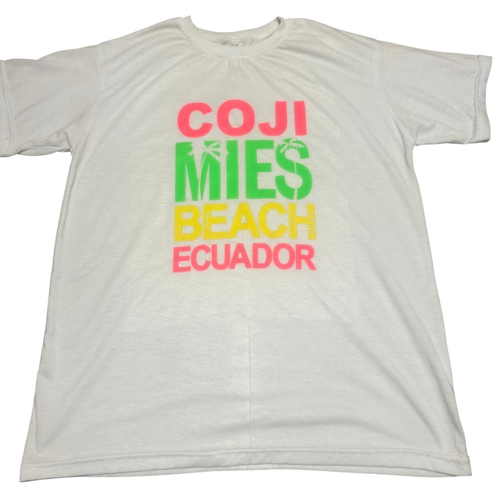 Arte Andino Mens Cojimies Beach Ecuador Graphic T-Shirt L White Neon Surf Tee